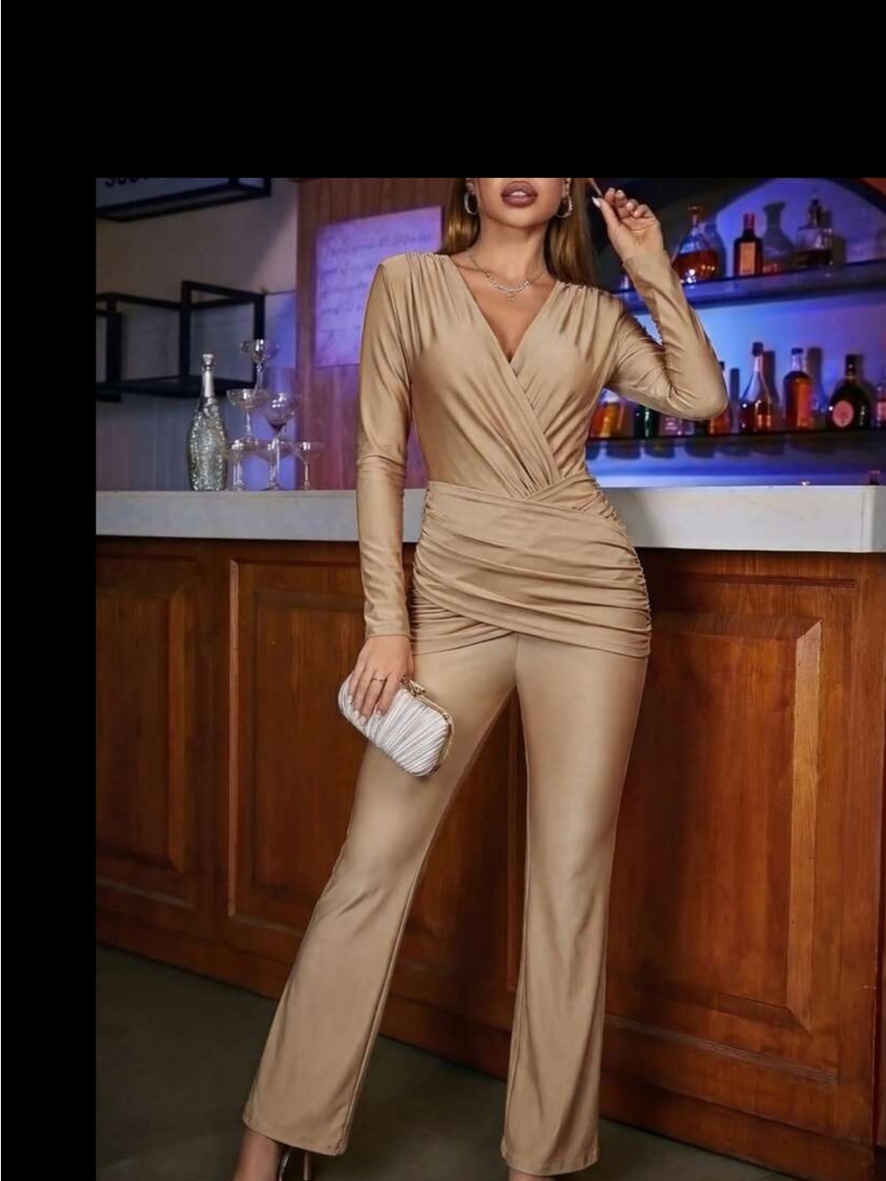 SHEIN Taupe Ruched Surplice Boot Cut Jumpsuit